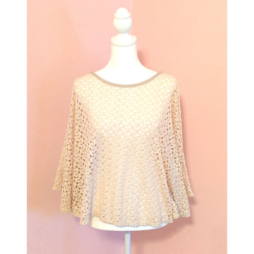 Leo & Nicole Crochet Lace Poncho Top Cream One Size Made in USA Boho